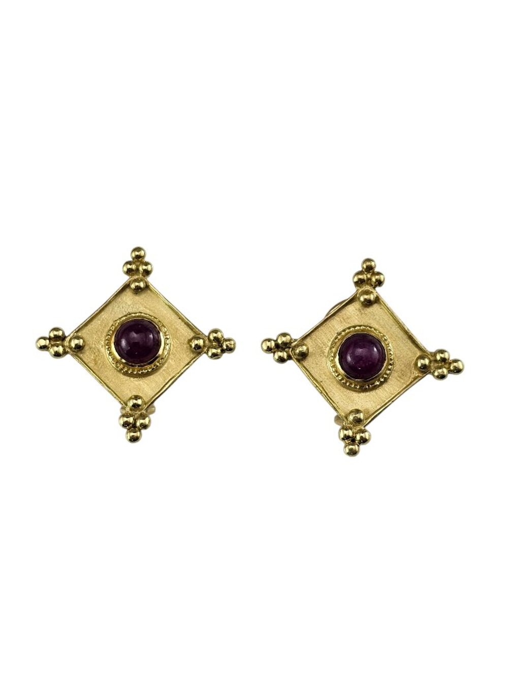 18K Yellow Gold Cabochon Ruby Etruscan Style Earrings Certified #24331